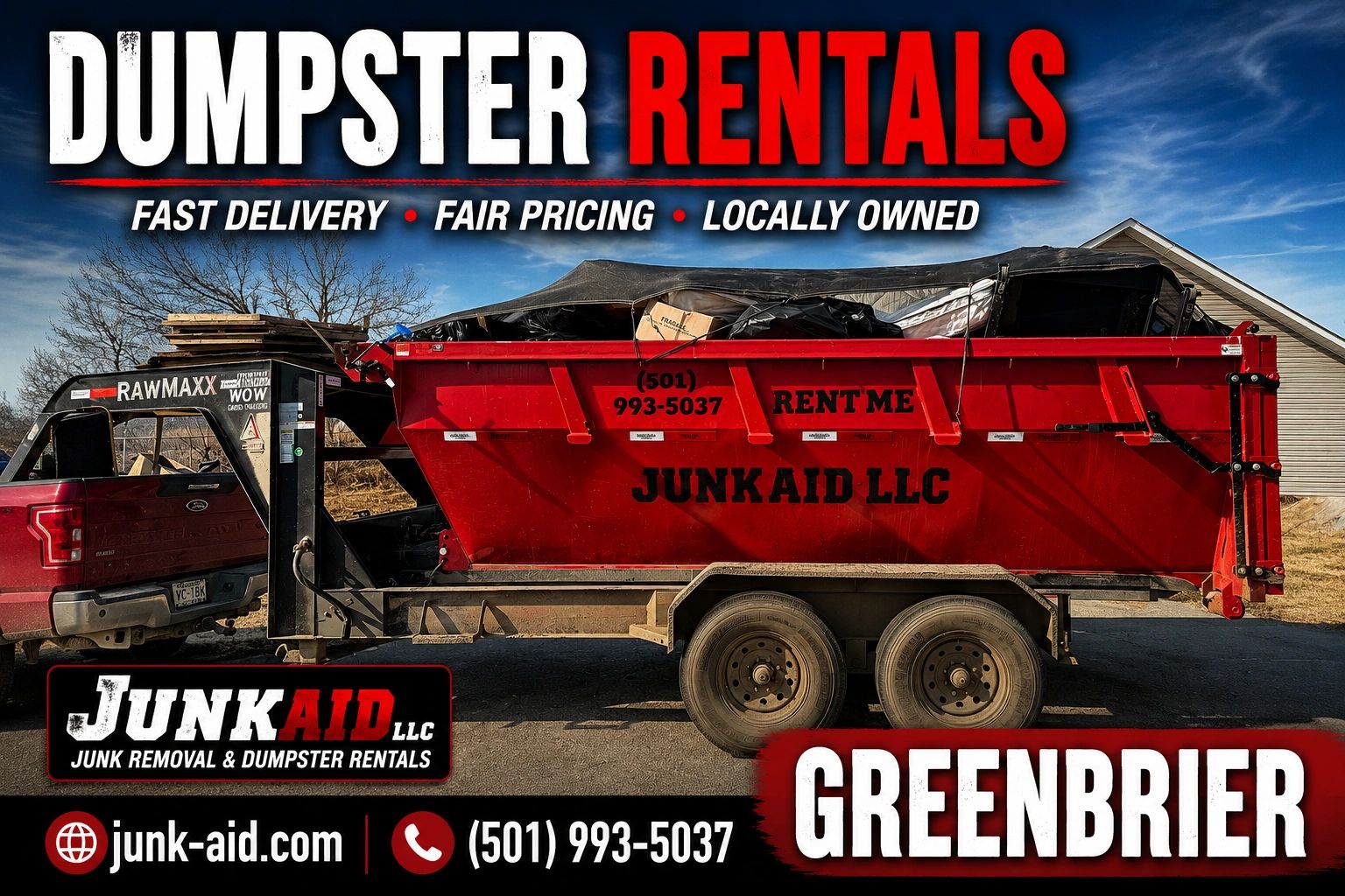 Greenbrier dumpster rentals by JunkAid LLC with fast delivery and fair pricing.