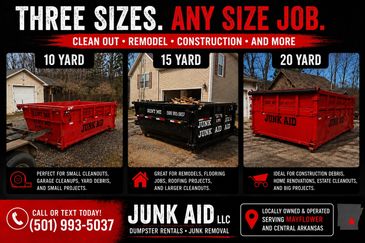 3 sizes of dumpsters offered by JunkAid llc for construction, remodeling, or general clean up