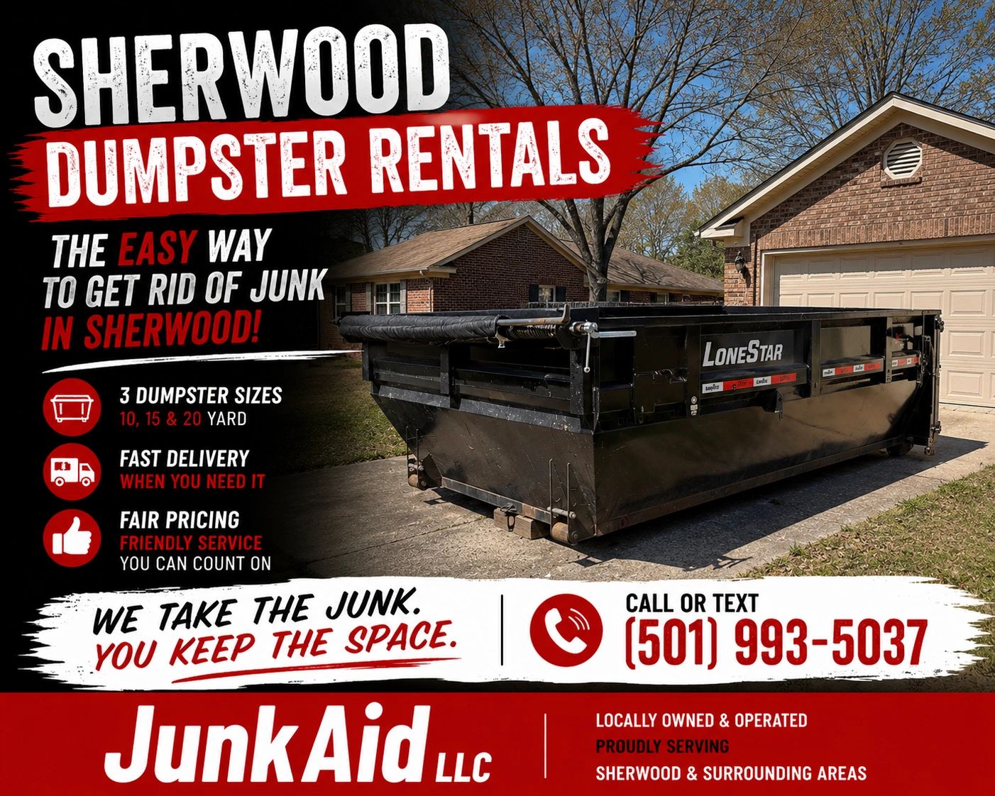 Advertisement for Sherwood Dumpster Rentals by JunkAid LLC with contact info.