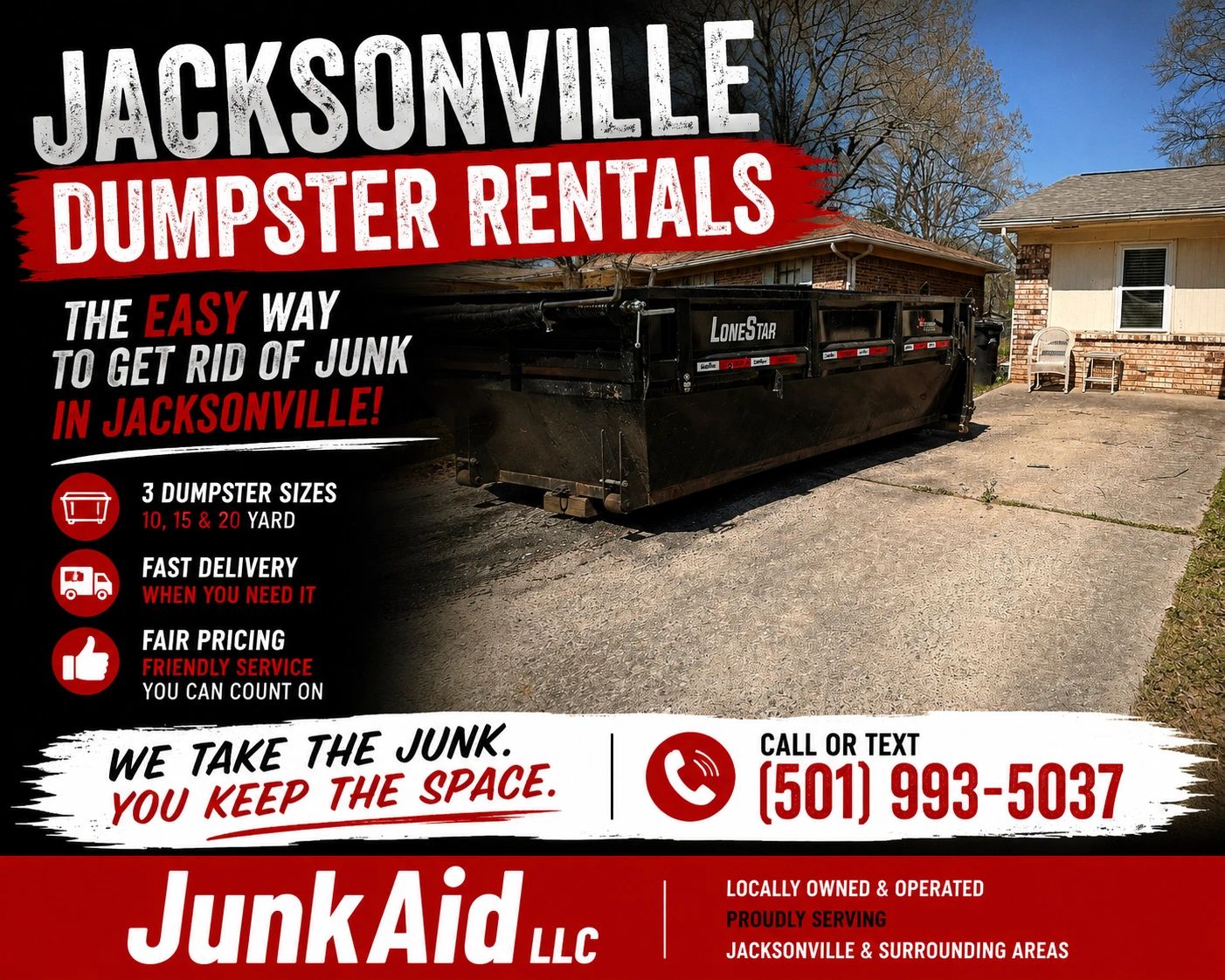Advertisement for Jacksonville dumpster rentals by JunkAid LLC with contact info.