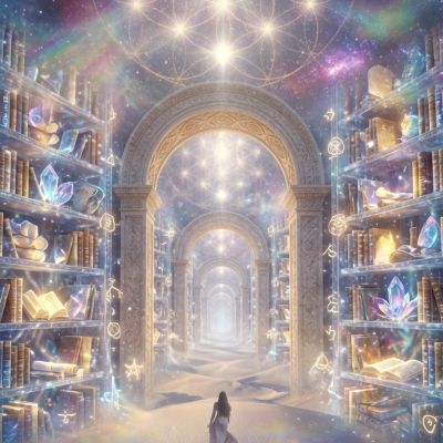 A mystical library with glowing books and symbols.