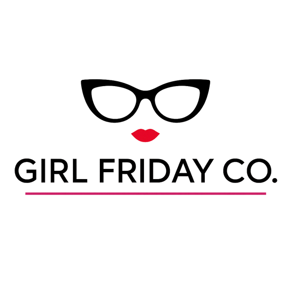 Logo with black cat-eye glasses and red lips above 'GIRL FRIDAY CO.' text.