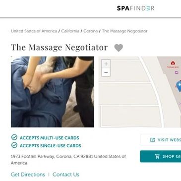 Spa Finder page to accept gift cards, a map of mailbox to send mail and massage of greater trochantr