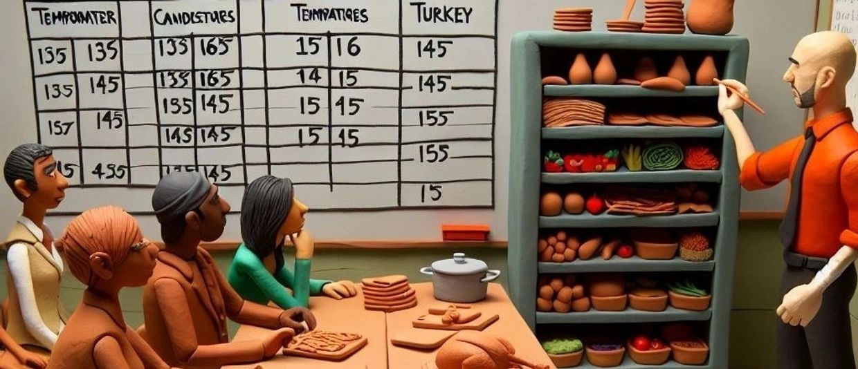 Claymation chef teaching cooking temperatures to students.