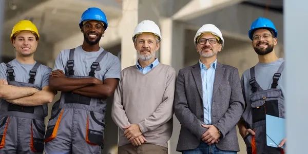A diverse group of construction workers and engineers posing together with helmets.