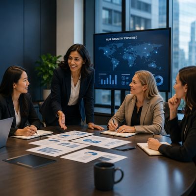 Businesswomen collaborating in a meeting with charts and global data on screen.