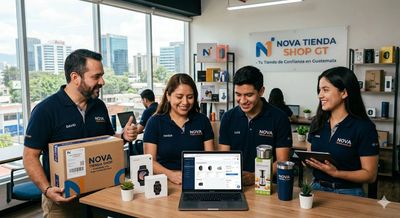 Four people in matching shirts promoting Nova Tienda Shop with tech products on a table.