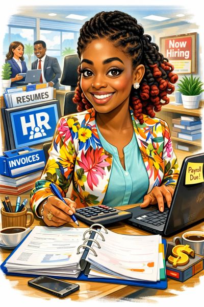 Happy HR professional managing payroll and resumes in a busy office.