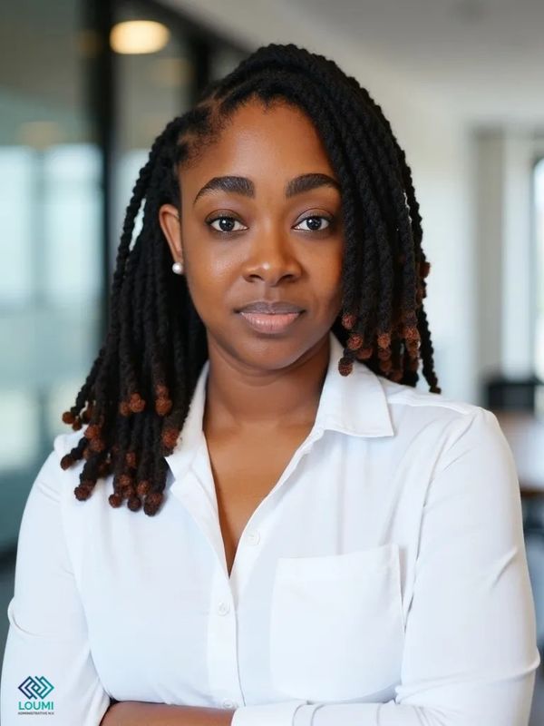 Confident woman in white shirt posing in a modern office.