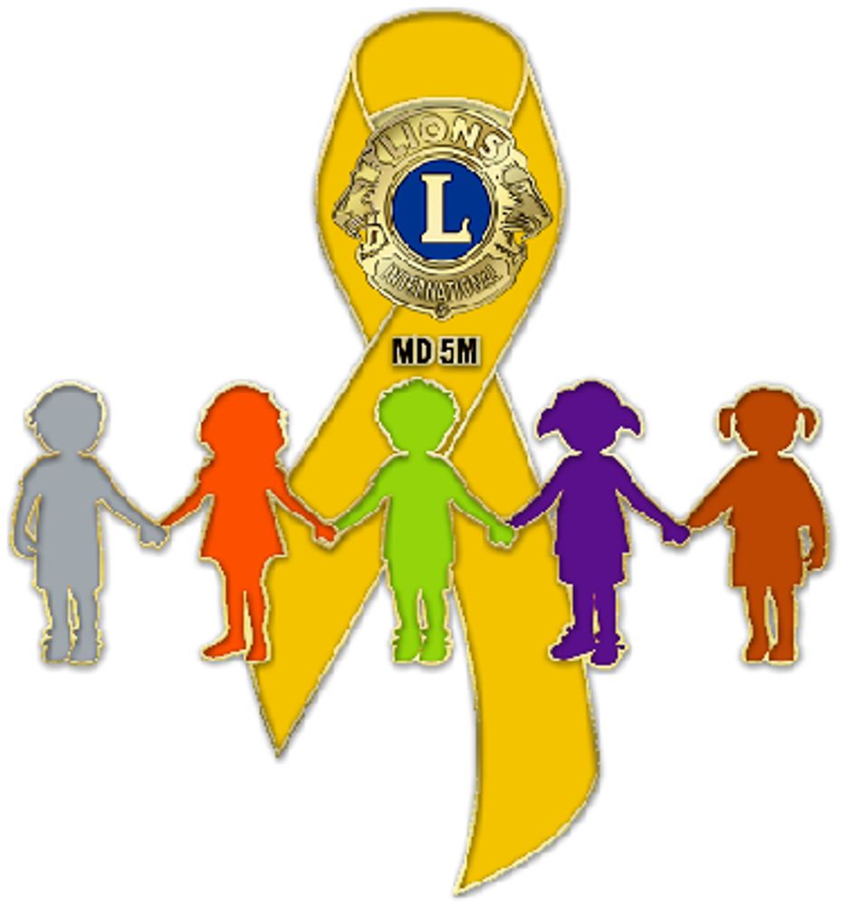 group of 5 children holding hands in front of large yellow cancer awareness ribbon, with Lions logo