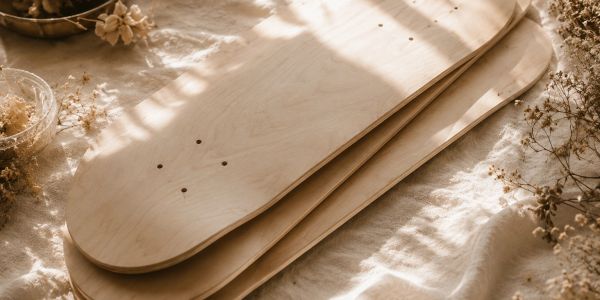 Stack of unfinished wooden skateboard decks on fabric with dried flowers.