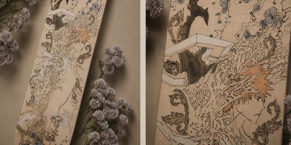 Intricate dragon and warrior artwork on wooden panels with floral accents.