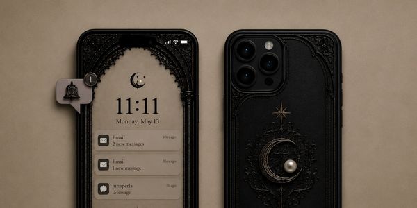 Two phones with intricate black cases featuring moon designs and notifications on screen.