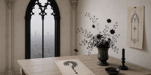 Gothic-style room with a view, flower arrangement, and dark decorative elements.