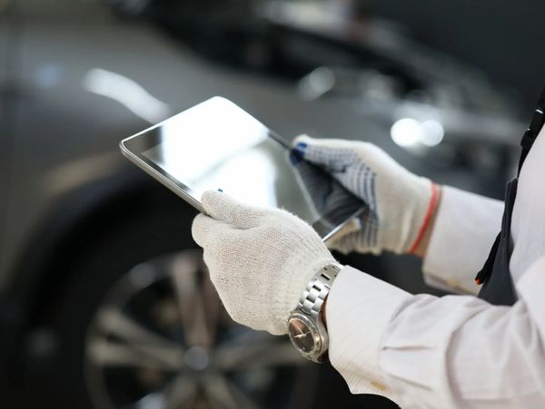 Technician using tablet for car diagnostics