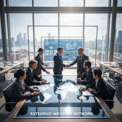 Business professionals shaking hands in a high-tech conference room with a city view.