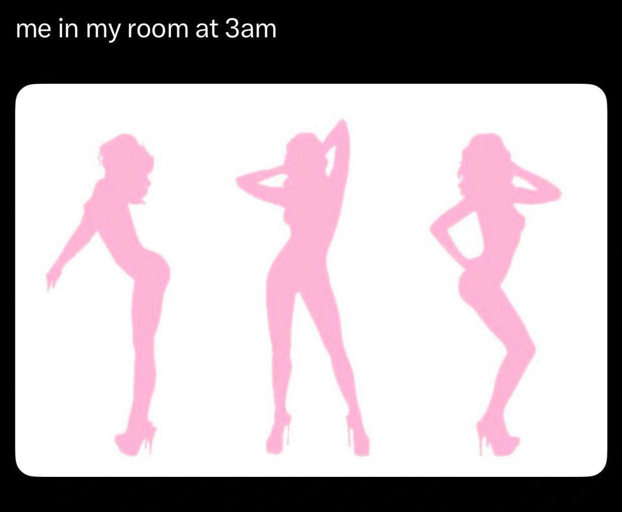 Pink silhouettes of a woman posing at 3am in a room.