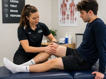 Physical therapist examining a patient's knee.