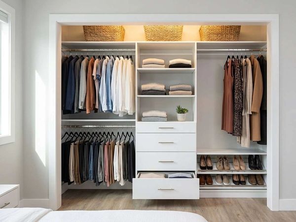 Organized walk-in closet with clothes, shoes, and baskets.