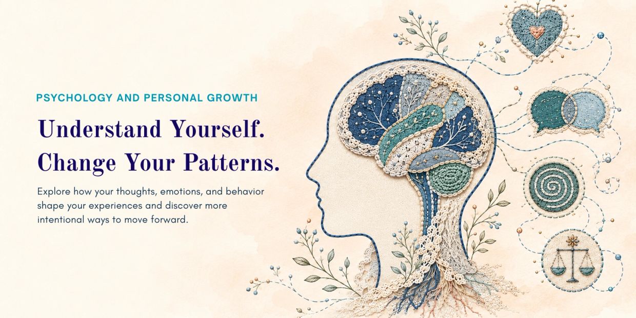 Psychology and personal growth message with embroidered brain art.