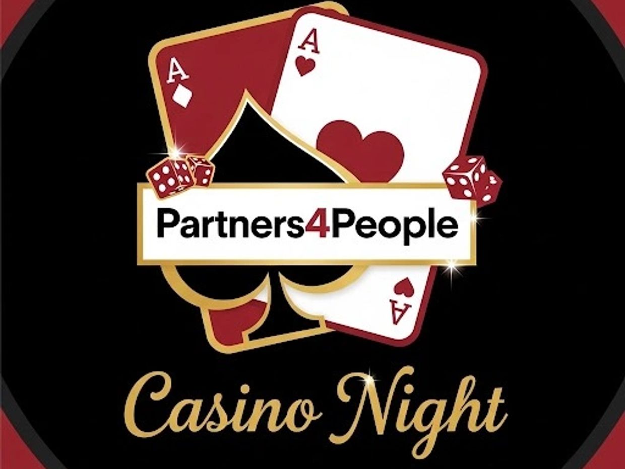 Logo for Partners4People Casino Night with playing cards and dice.