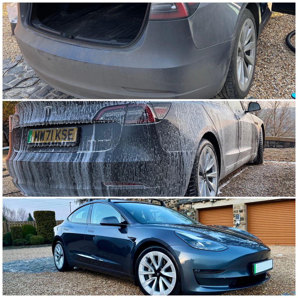 Three stages of a Tesla car wash: dirty, soaped, and clean.