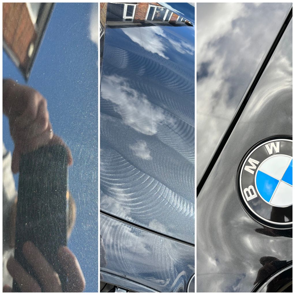 Three close-up shots showing car surface reflections, swirl marks, and BMW badge.