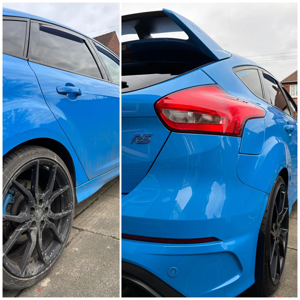 Close-up shots of a blue Ford Focus RS showcasing its rear and side details.
