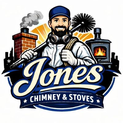 Logo of Jones Chimney & Stoves with a chimney sweep illustration.