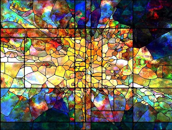 Image is abstract stained glass that calls to mind a burst of light.