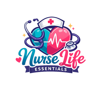 Colorful logo with heart, stethoscope, nurse hat, and 'Nurse Life Essentials' text.