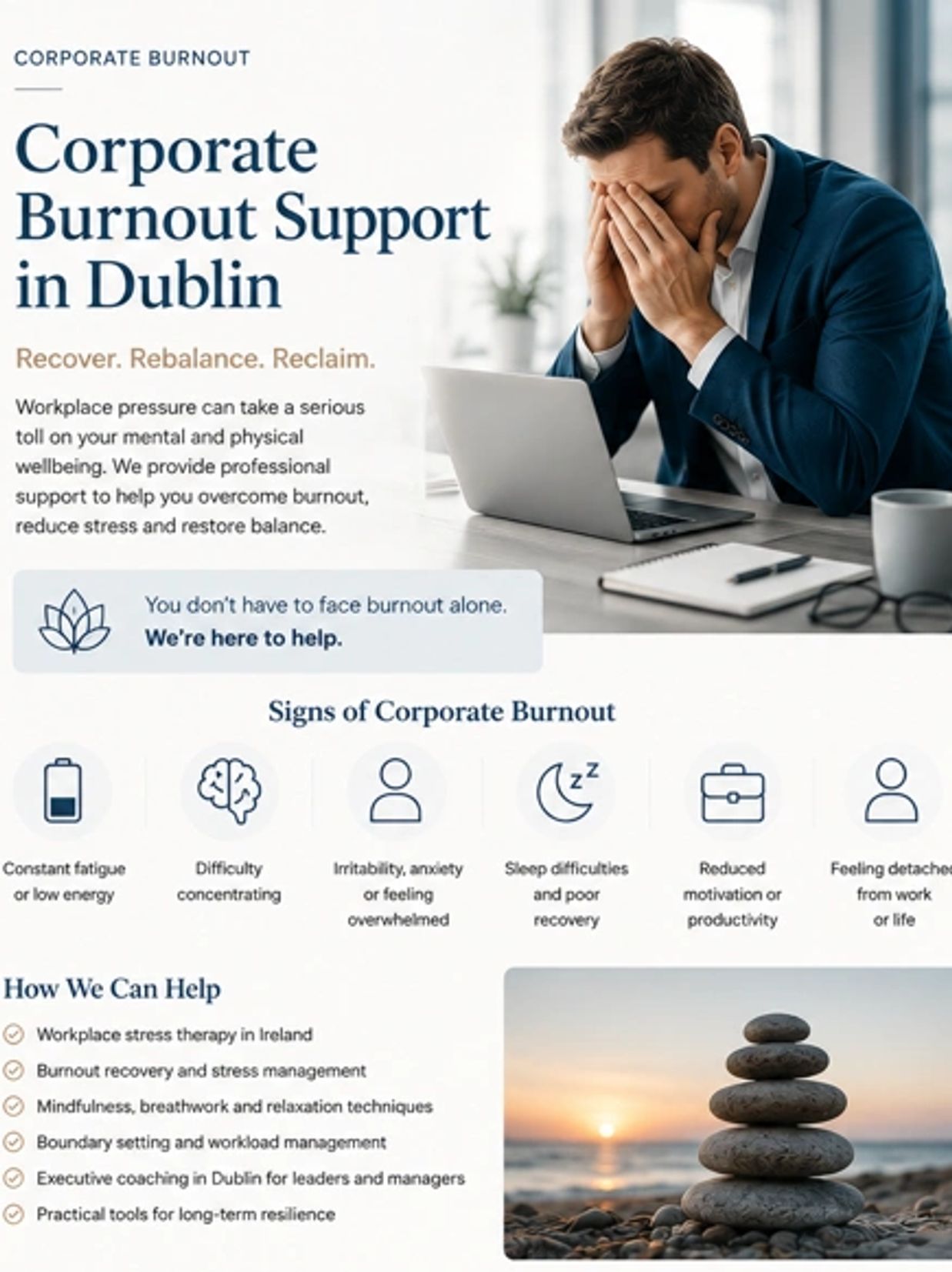 Man stressed at work with corporate burnout support info and relaxation image.