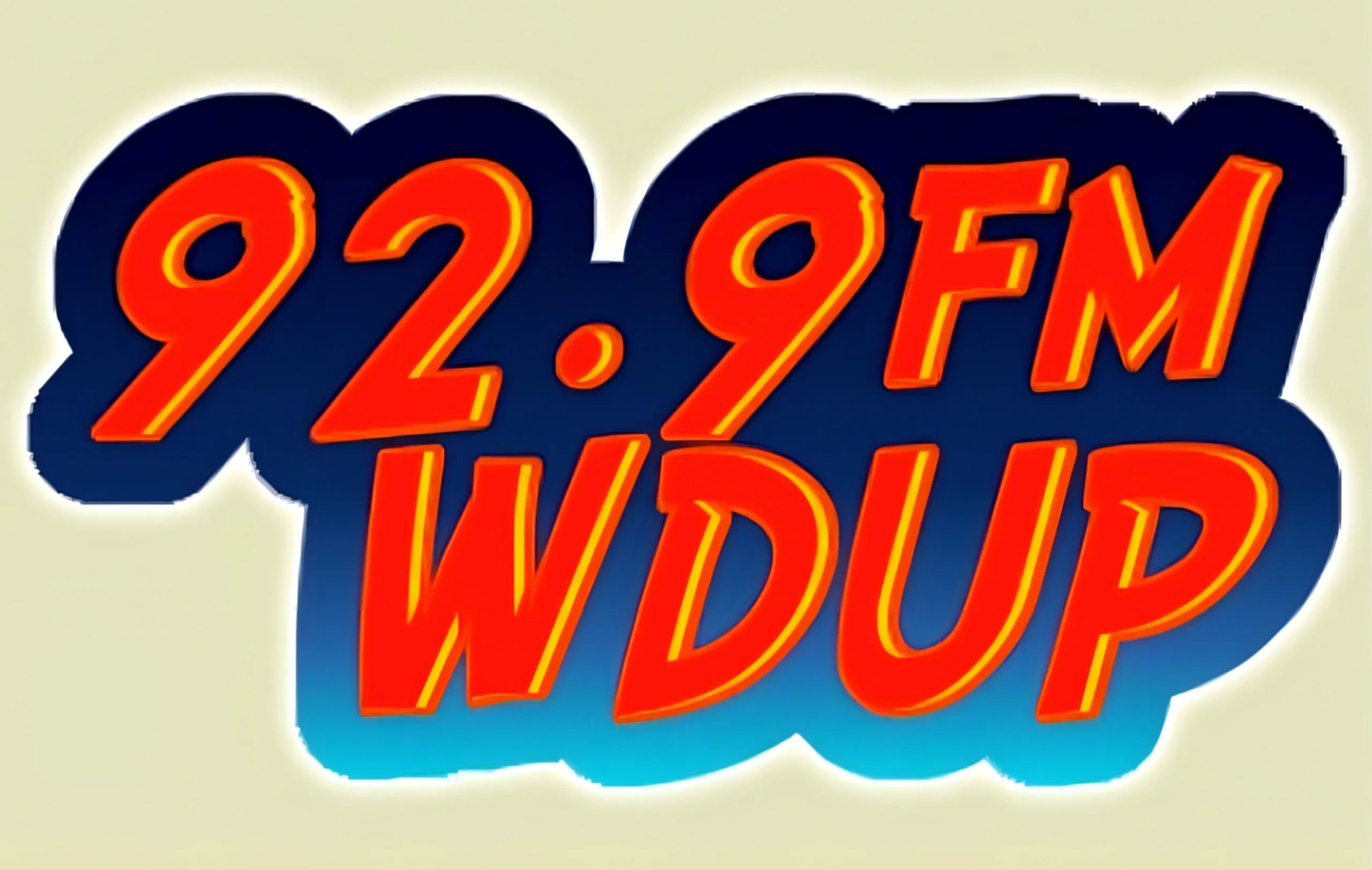 Logo of radio station 92.9 FM WDUP in bold orange and blue.