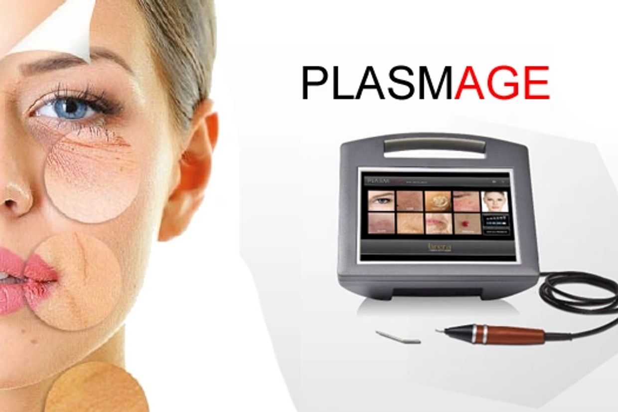 Plasmage® device and picture of woman's face with targeted treatments