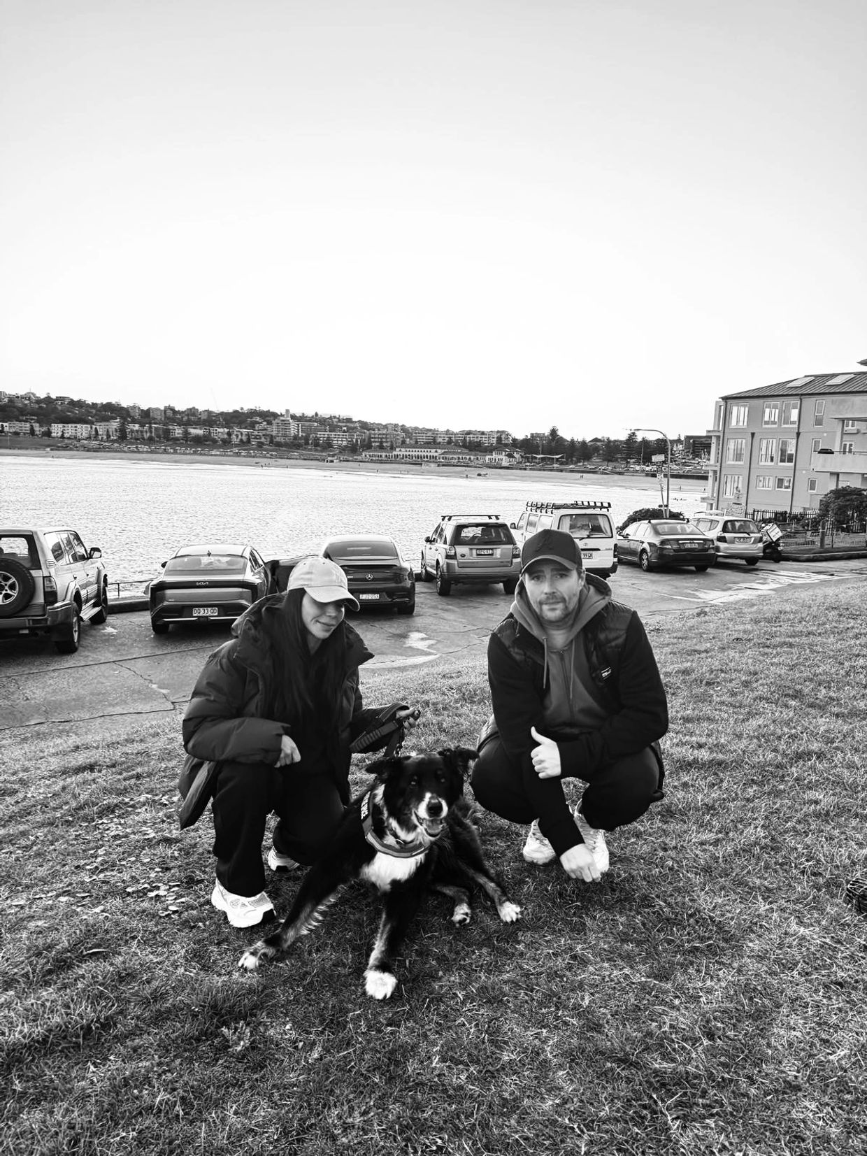 Two people and a dog on grass by the water and parked cars.