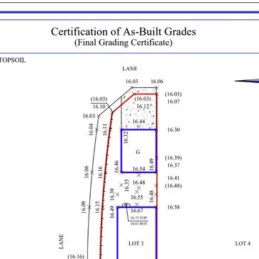 Certification of As-Built Grades diagram showing final grading details for lots and lanes.
