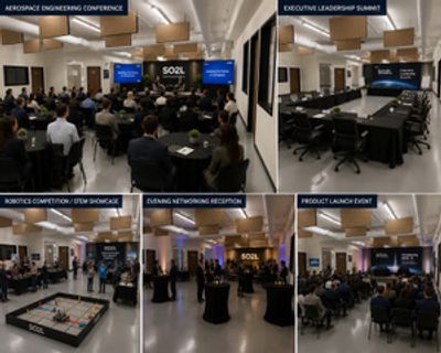 Collage of professional events including conferences, summits, competitions, and networking receptions.
