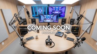 Modern podcast studio setup with microphones and headphones around a round table. Coming Soon!