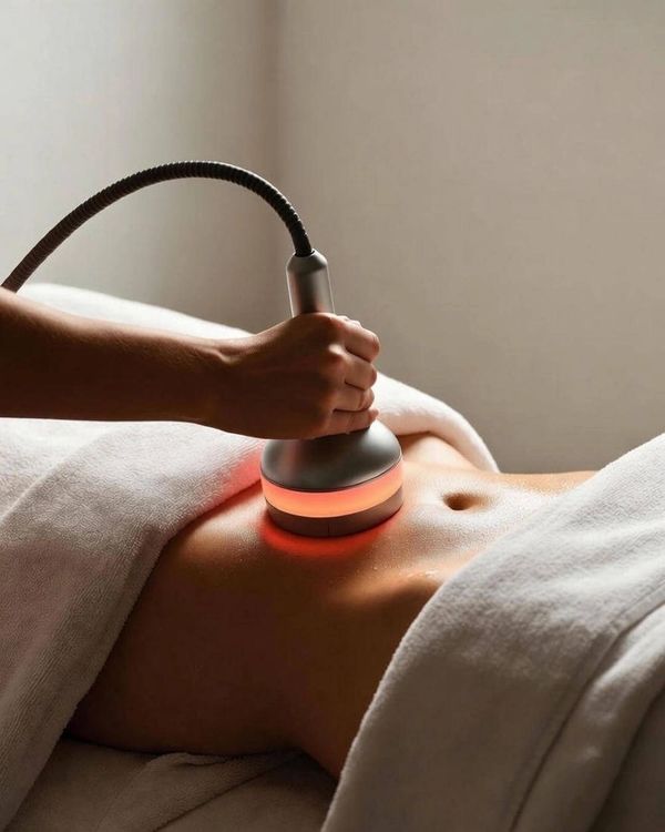 Person receiving a red light therapy treatment on their abdomen.