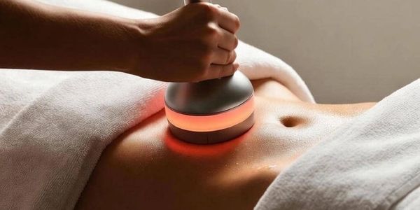 Handheld device emitting red light used on abdomen during treatment.