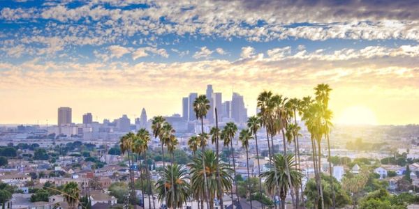 In downtown Los Angeles, the sun sets as palm trees stretch across the landscape.