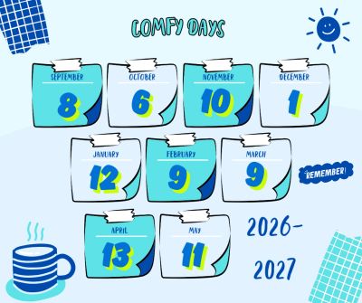 Calendar with comfy days marked from 2026 to 2027.