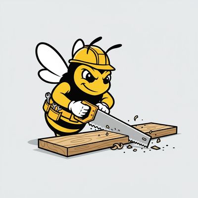 Mr. Bee using a hand saw on a piece of lumber.