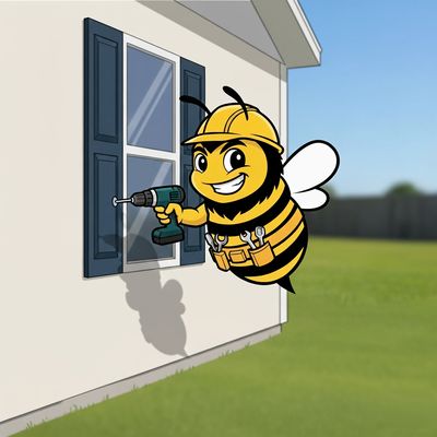 Mr. Bee working on the exterior of a house. In this case, installing shutters.