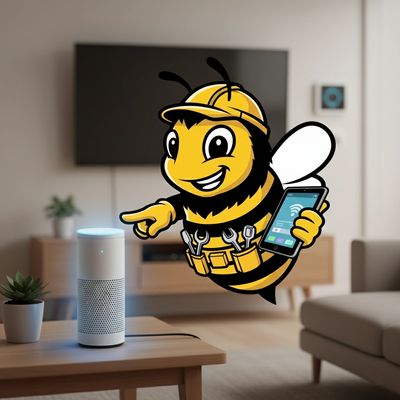 Mr. Bee holding a mobile device and touching a wi-fi router.