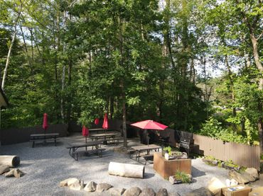 Outdoor picnic area with benches, red umbrellas, and a forest backdrop.