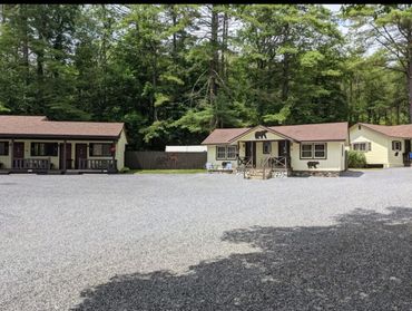 Small cabins with bear decorations surrounded by trees and a gravel lot.