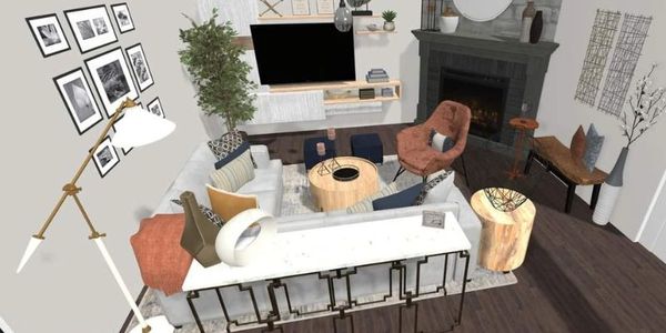 Living room design 9 pics, TV, plant, fireplace, couch, coffee table, accent chair, bench, decor