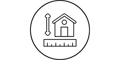 Black & white drawing: house next to bidirectional arrow, above ruler, all within a circle.