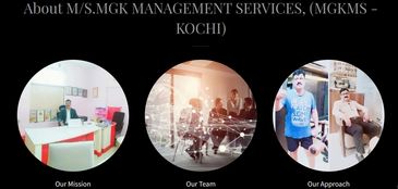 Three circular images about MGK Management Services: mission, team, and approach.